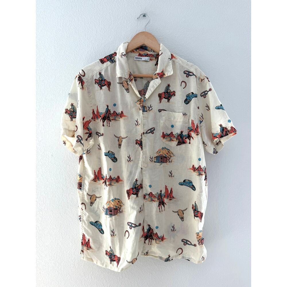 Sonoma Men’s M Western Cowboy Linen Blend Short Sleeve Button Up Shirt